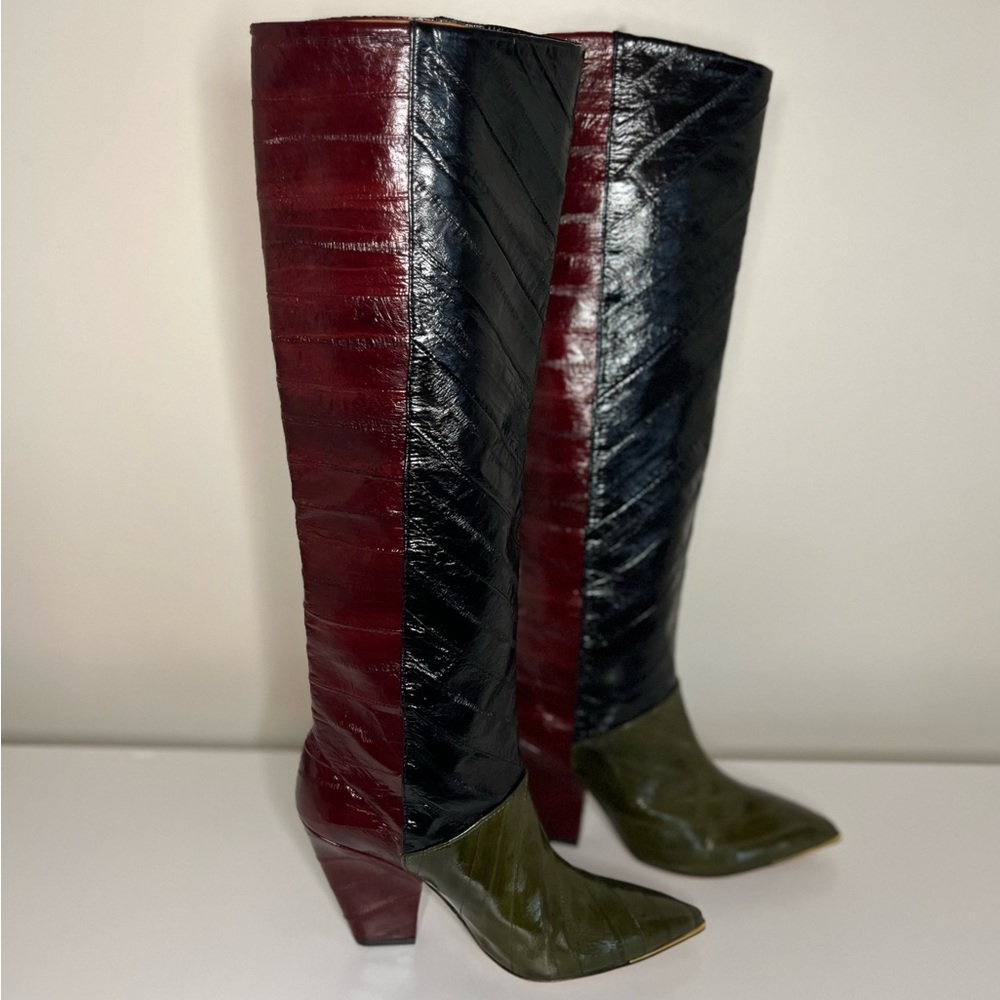 TORY BURCH LILA PATCHWORK EEL LEATHER KNEE-HIGH STACK-HEEL PULL-ON BOOTS